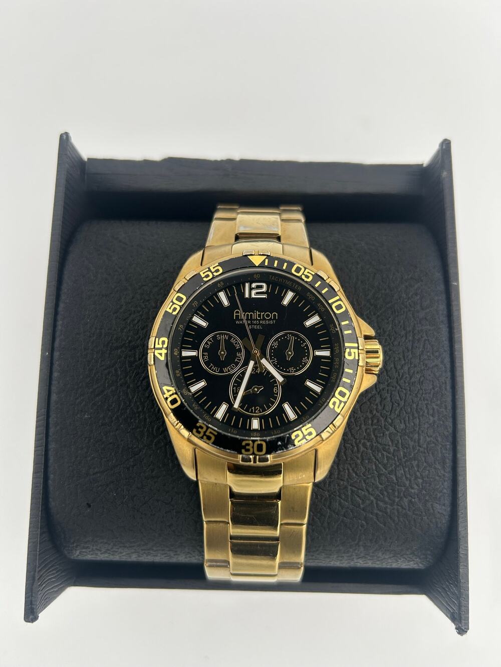 Armitron 20/4829GP Gold Mens Chrono Watch Black Dial Multifunction CLEAN // B